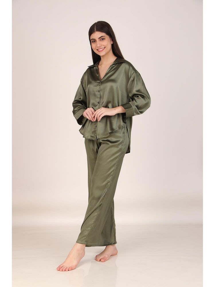 Masha Solid Olive Oversized Satin Nightsuit-picture-12