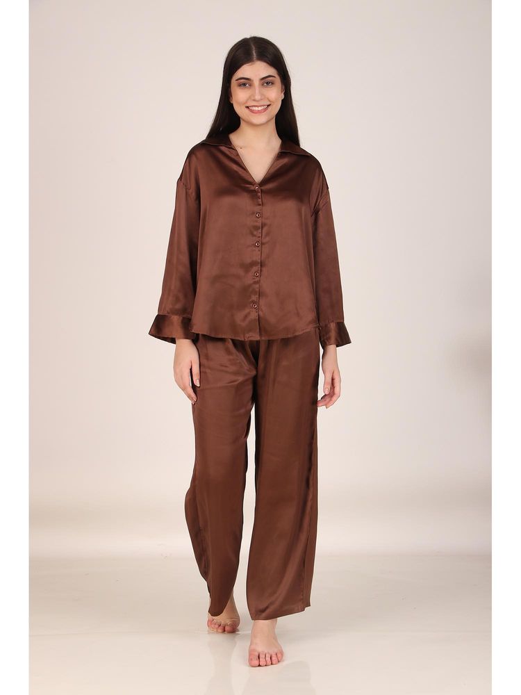 Masha Solid Brown Oversized Satin Nightsuit-picture-18