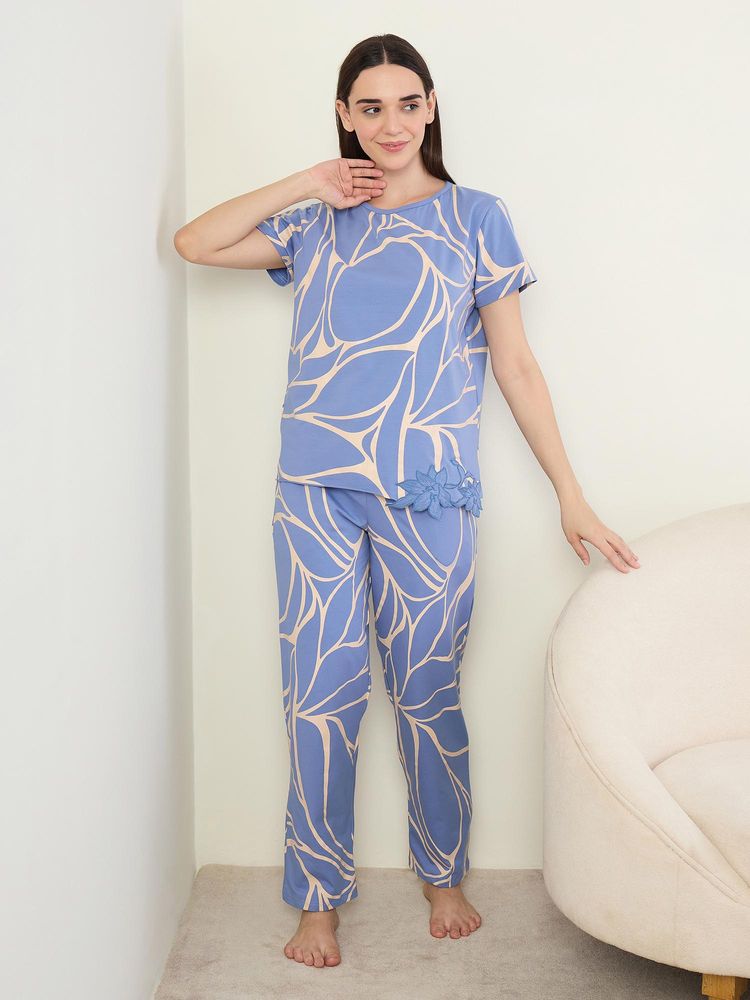 Sweet Dreams Womens Abstract Printed Pyjama With Top Blue-picture-12