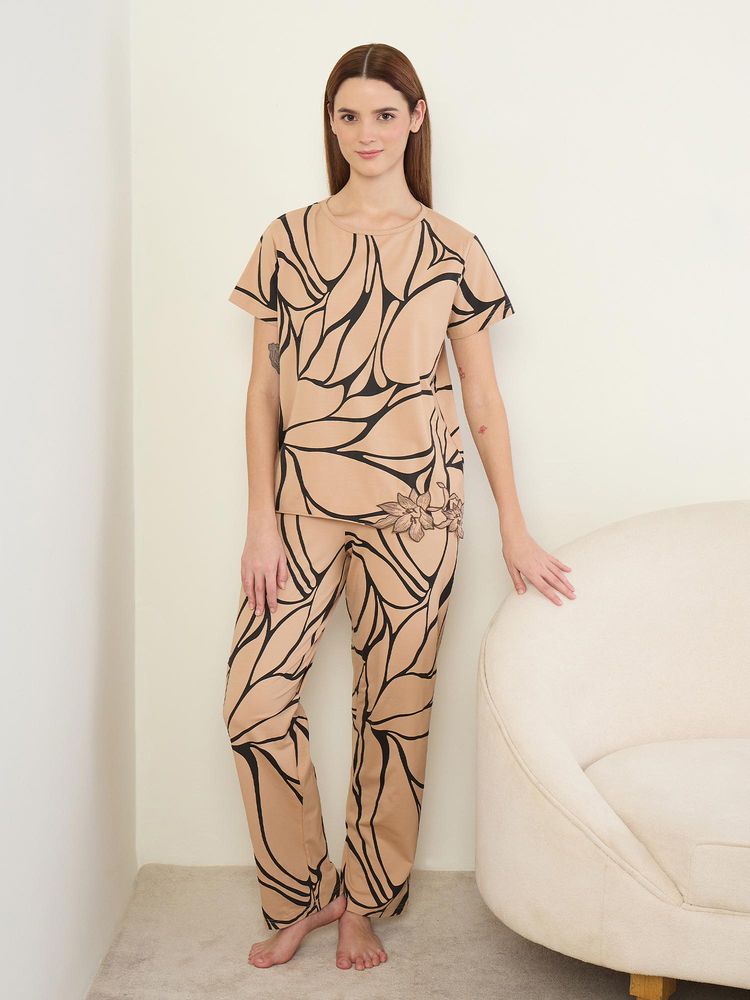 Sweet Dreams Womens Abstract Printed Pyjama With Top Beige-picture-21