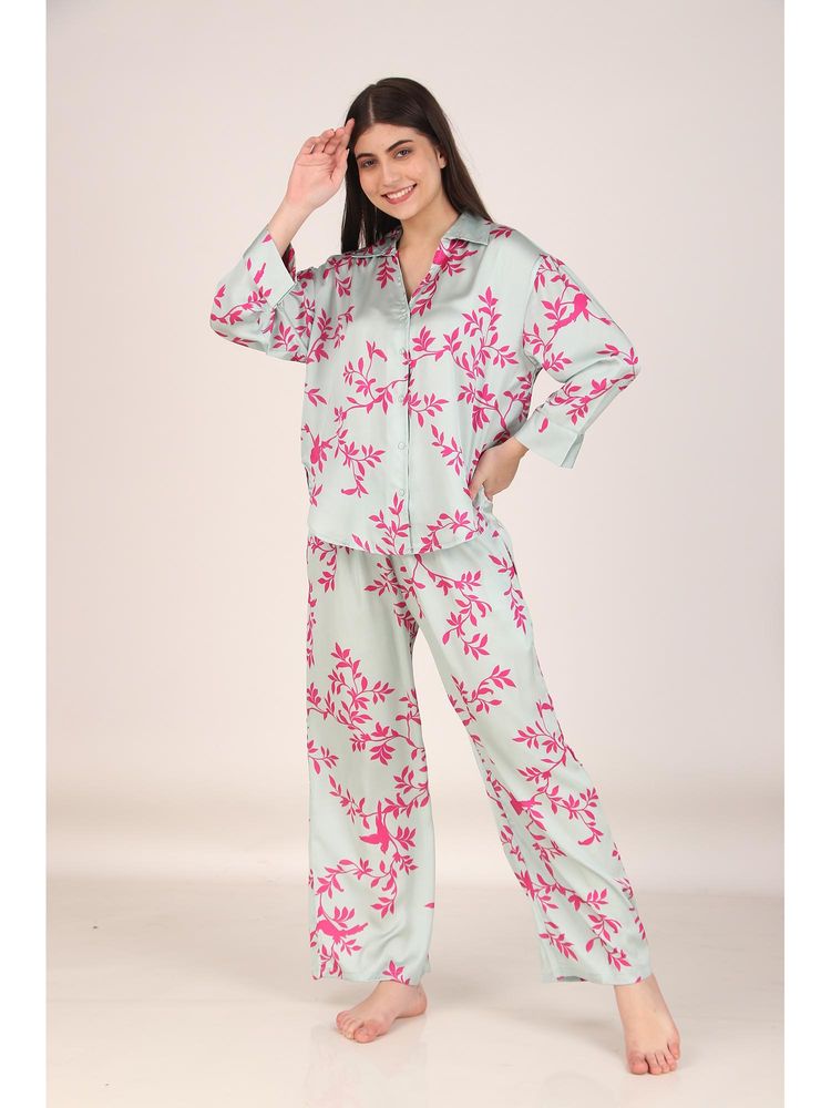 Masha Pink Leaves Oversized Satin Nightsuit-picture-11