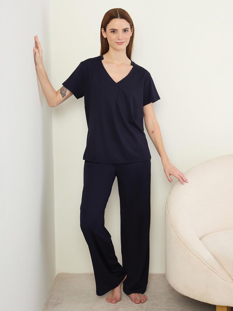 Sweet Dreams Womens Solid Pyjama With Top Navy Blue-picture-11