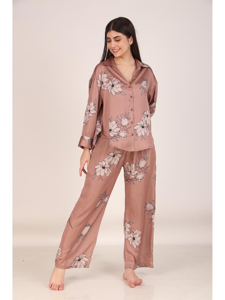Masha Brown Floral Oversized Satin Nightsuit-picture-16