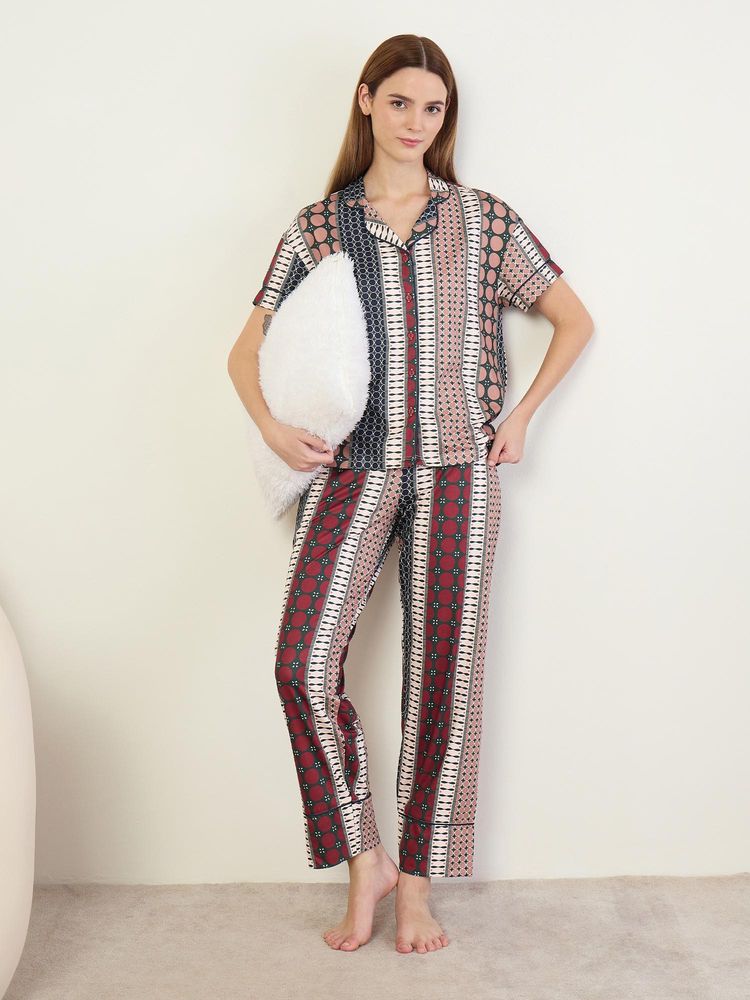 Sweet Dreams Womens Geometric Printed Front Open Pyjama With Shirt Multi-Color-picture-10