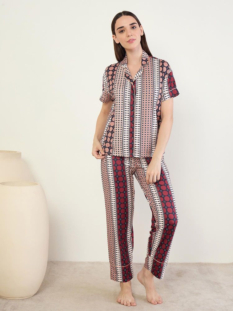 Sweet Dreams Womens Geometric Printed Front Open Pyjama With Shirt Multi-Color-picture-24