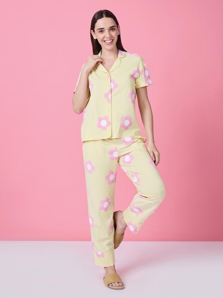 Sweet Dreams Womens Floral Printed Front Open Pyjama With Shirt Yellow-picture-13