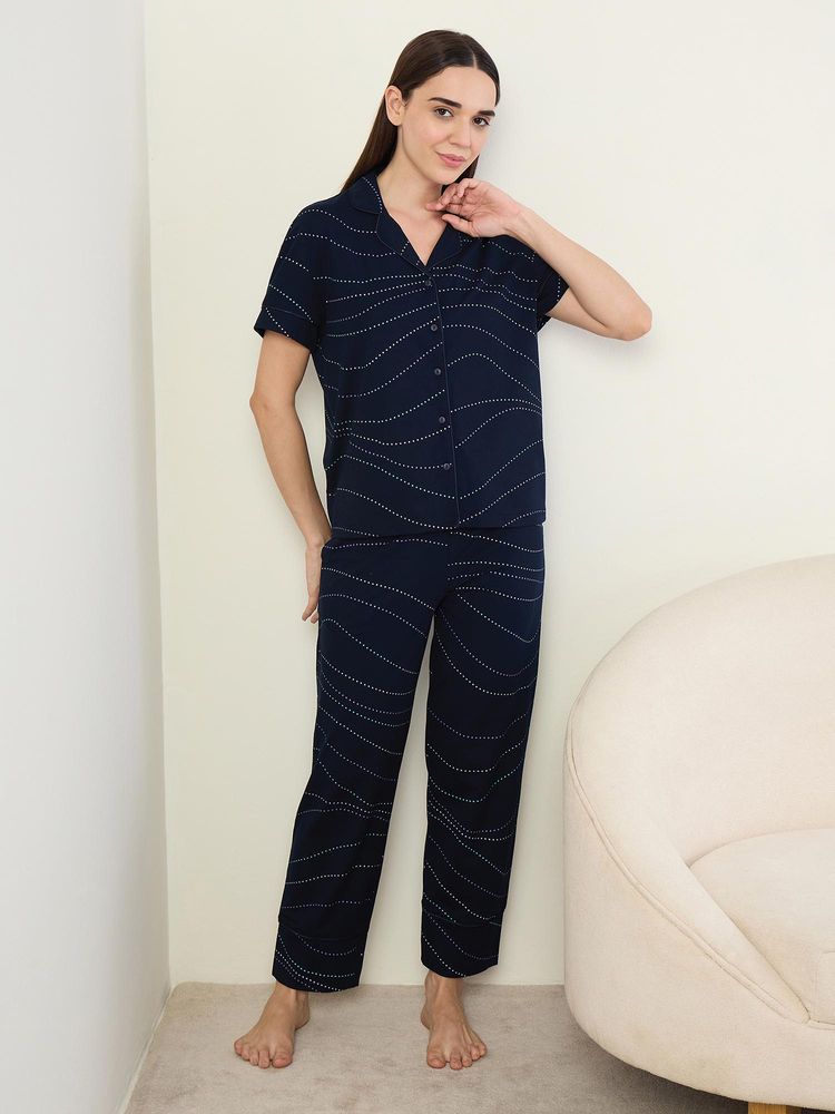 Sweet Dreams Womens Polka Dot Printed Front Open Pyjama With Shirt Navy Blue-picture-25
