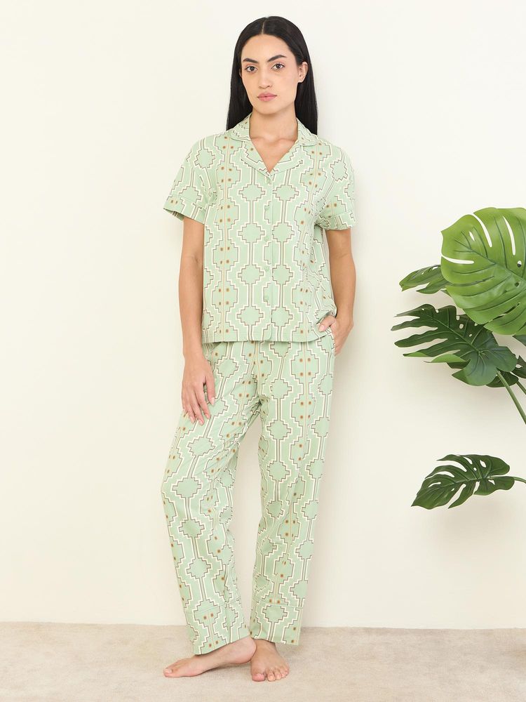 Sweet Dreams Womens Geometric Printed Front Open Pyjama With Shirt Green-picture-16