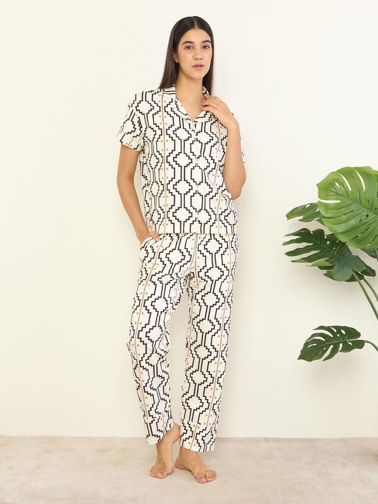 Sweet Dreams Womens Geometric Printed Front Open Pyjama With Shirt White-picture-28
