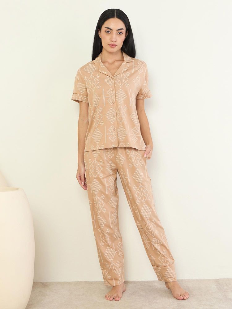 Sweet Dreams Womens Geometric Printed Front Open Pyjama With Shirt Beige-picture-20