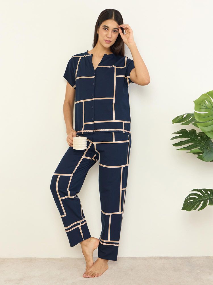 Sweet Dreams Womens Abstract Printed Front Open Pyjama With Shirt Navy Blue-picture-24