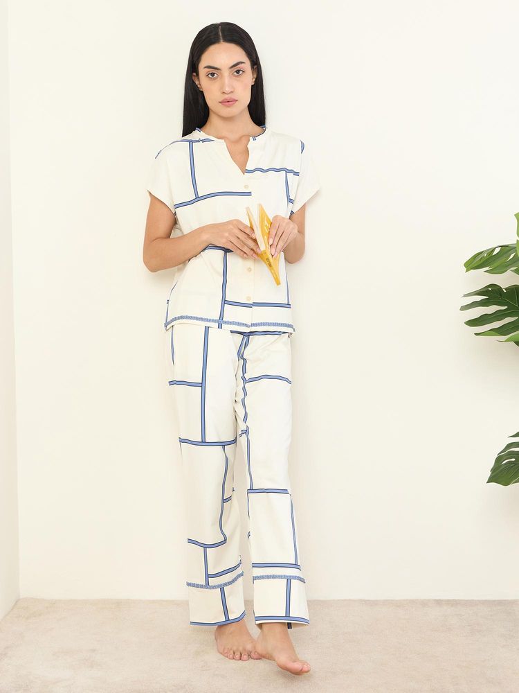 Sweet Dreams Womens Abstract Printed Front Open Pyjama With Shirt White-picture-17