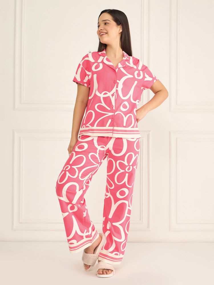 Sweet Dreams Womens Floral Printed Front Open Pyjama With Shirt Pink-picture-21