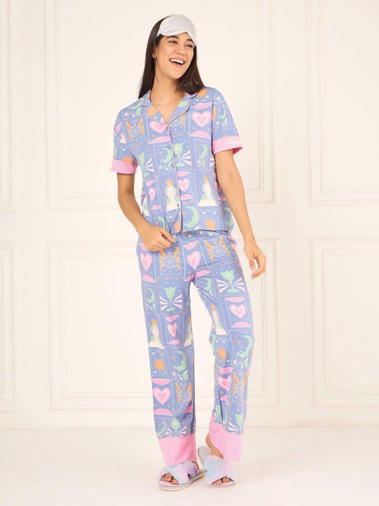 Sweet Dreams Womens Printed Front Open Pyjama With Shirt Blue-picture-27