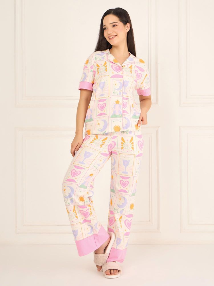 Sweet Dreams Womens Printed Front Open Pyjama With Shirt White-picture-17