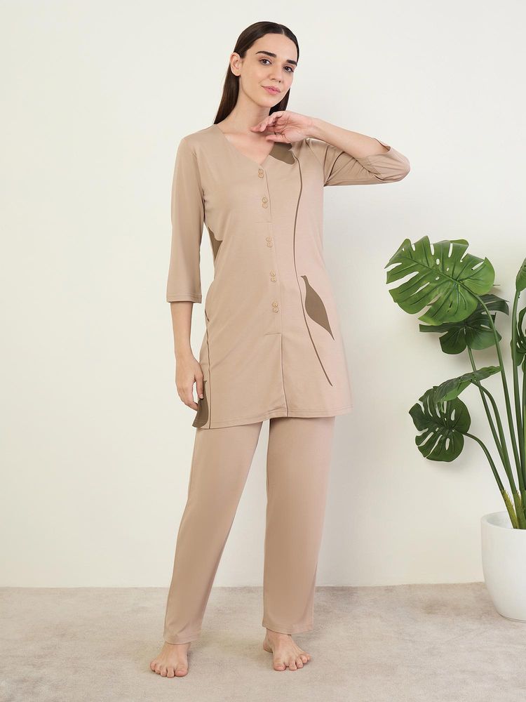 Sweet Dreams Womens Printed Kurti Pyjama With Top Beige-picture-10