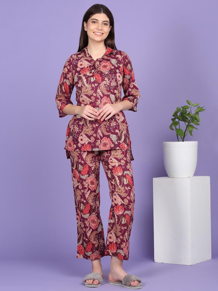 Sweet Dreams Women Floral Print Co-Ord Set Wine-picture-22