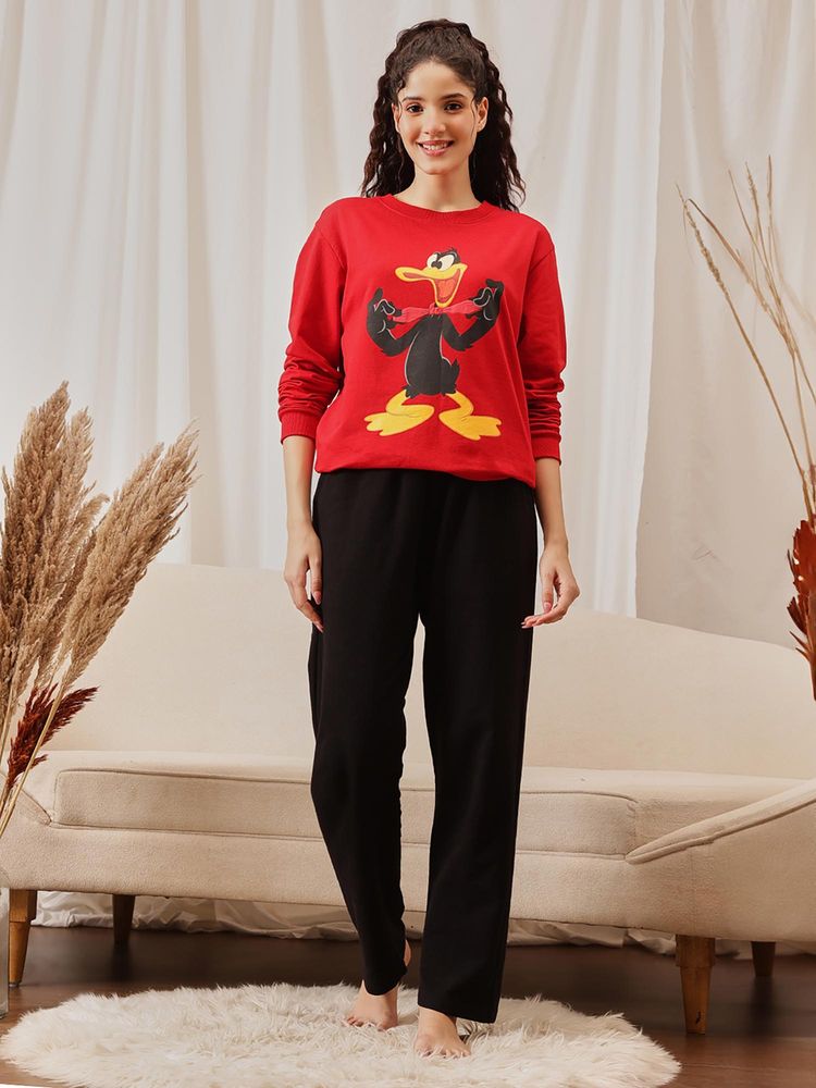 Clovia Terry Cotton Graphic Print Sweatshirt With Pyjama Multi-Color-picture-18