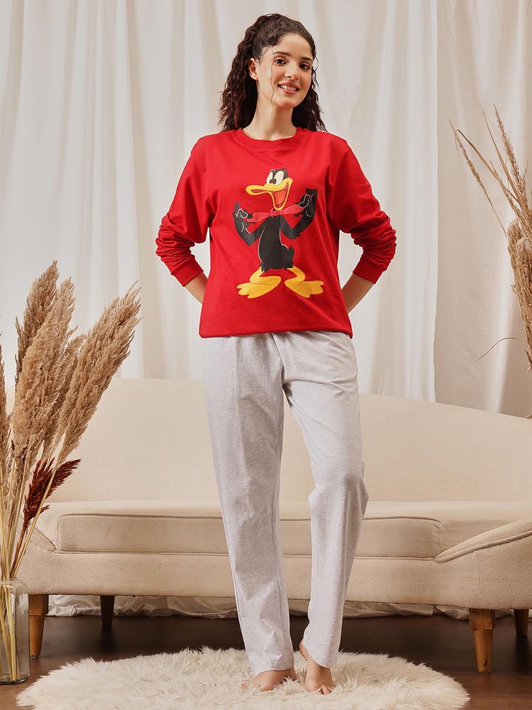 Clovia Terry Cotton Graphic Print Sweatshirt With Pyjama Multi-Color-image-3