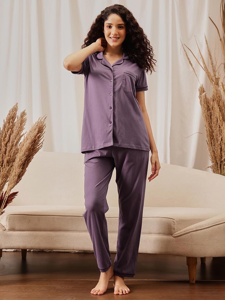 Clovia Button-Down Shirt and Pyjama Wine-picture-17