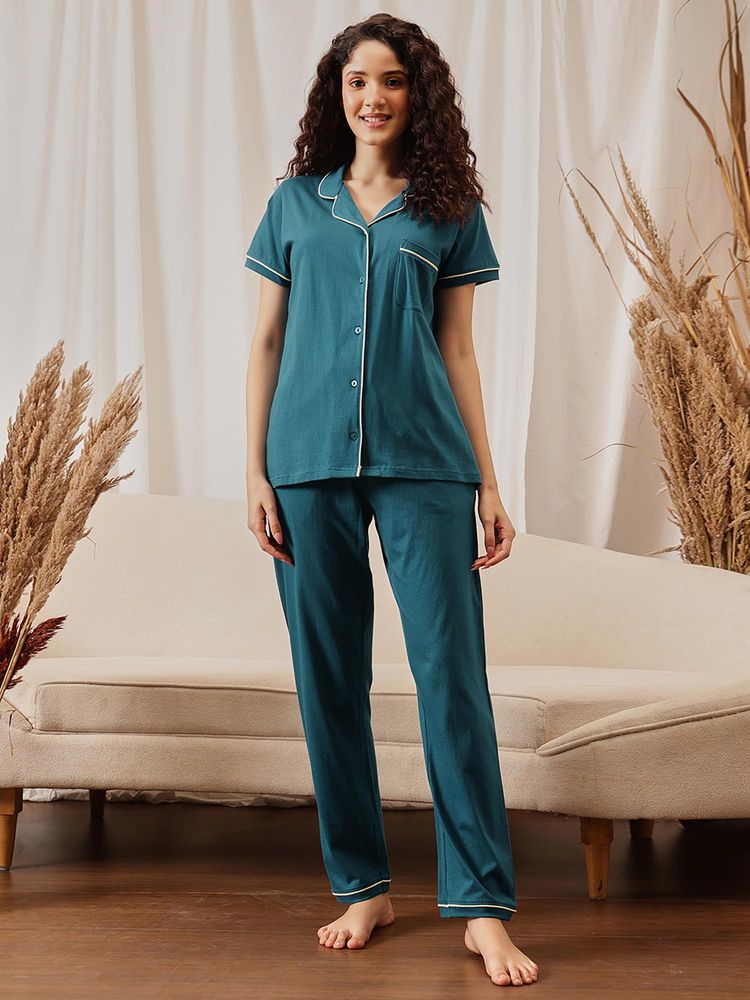Clovia Button-Down Shirt and Pyjama Teal Blue-picture-27