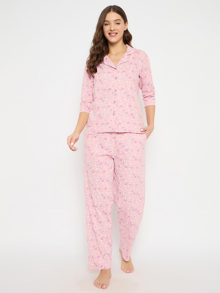 Clovia Floral Print Button-Down Shirt and Pyjama Baby Pink-picture-20