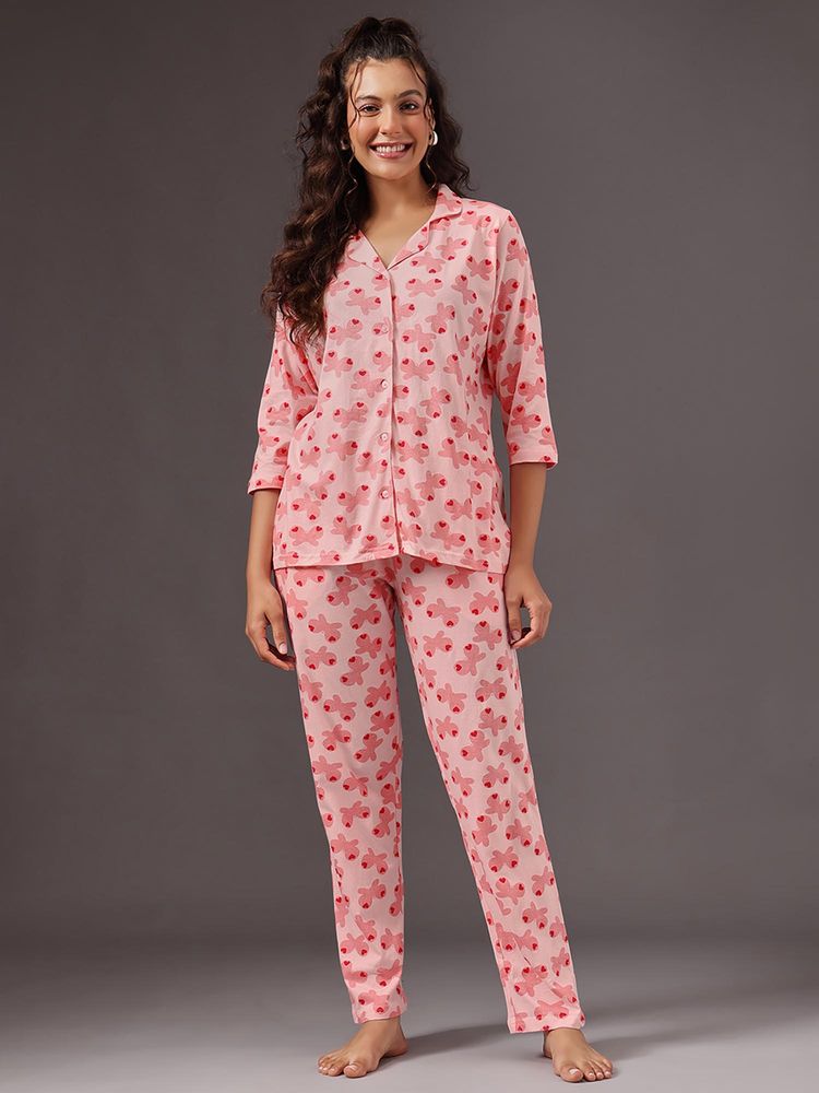 Clovia Butterfly Print Button-Down Shirt and Pyjama Peach-picture-18