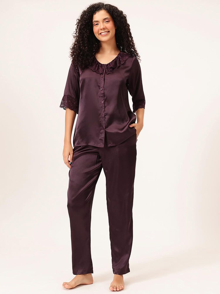Clovia Button Down Top And Pyjama Wine - Satin-picture-14