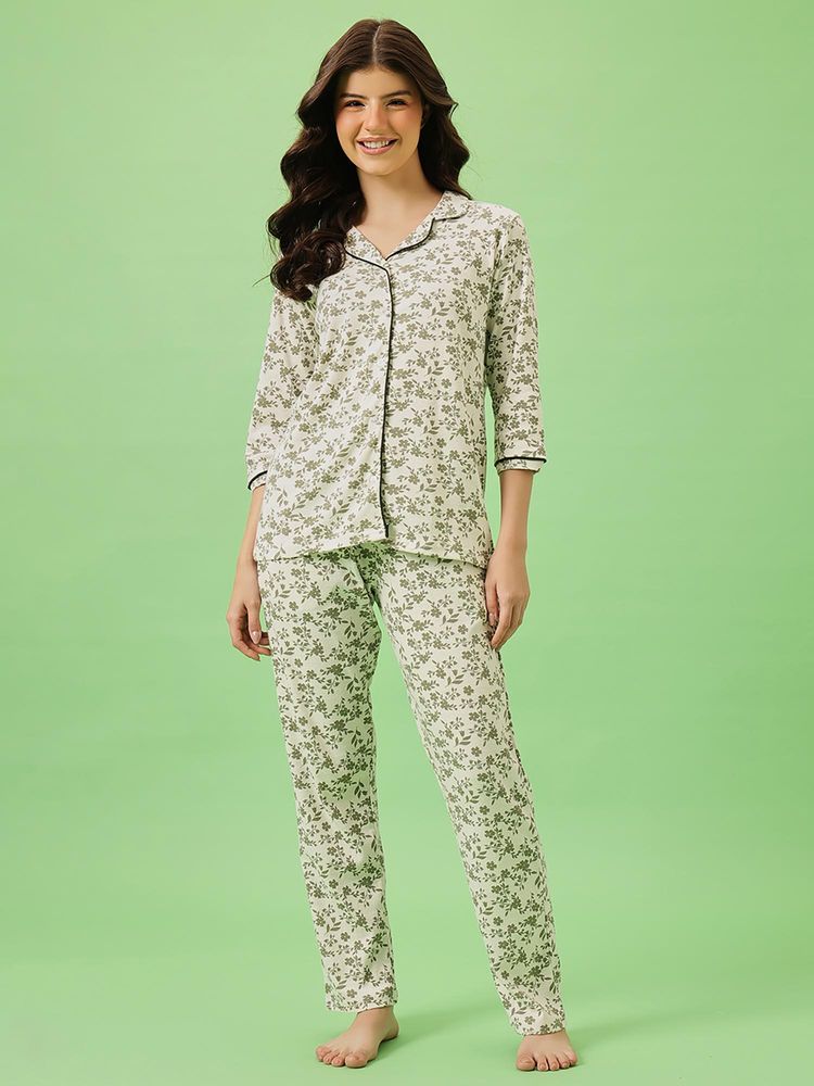 Clovia Printed Button Down Shirt And Pyjama White - Cotton-picture-27