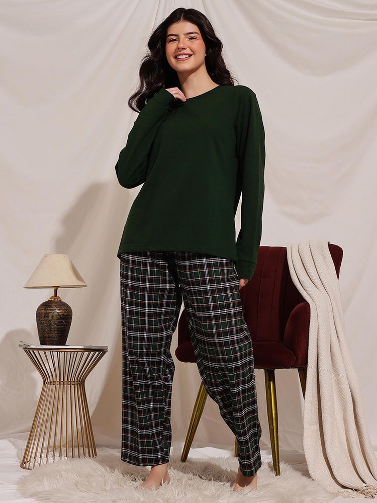 Clovia Terry Solid Sweatshirt And Cotswool Checkered Pyjama Dark Green-picture-26