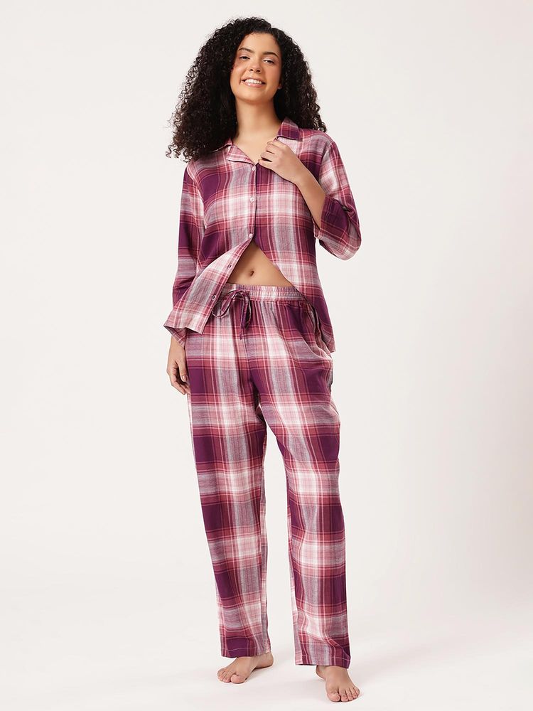 Clovia Plaid Checkered Button Down Shirt And Pyjama Purple - Cotswool-picture-11