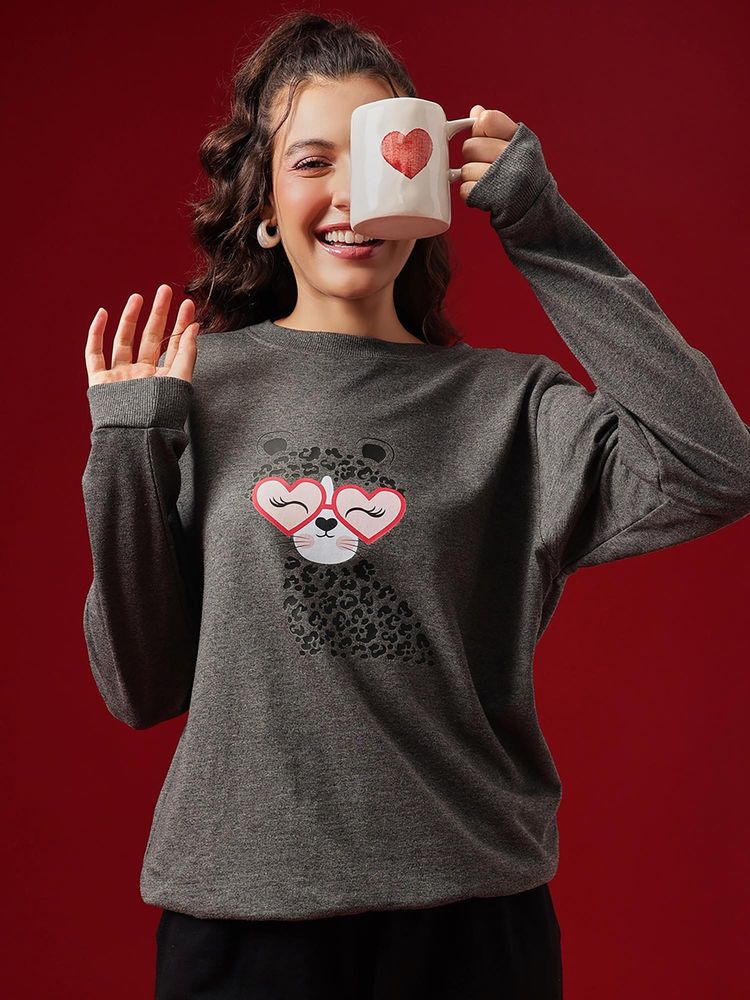 Clovia Graphic Print Sweatshirt In Dark Grey - Terry Cotton-picture-19