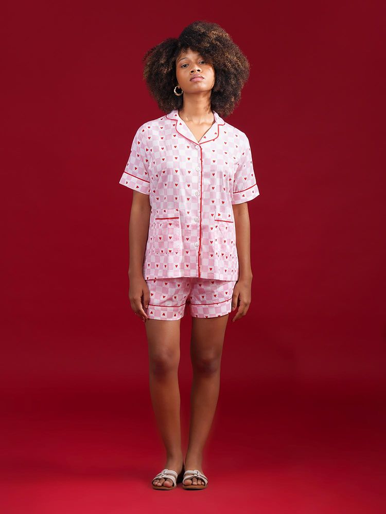 Noite Luxe Sweetheart Checks Cotton Shorts With Shirt-image-4
