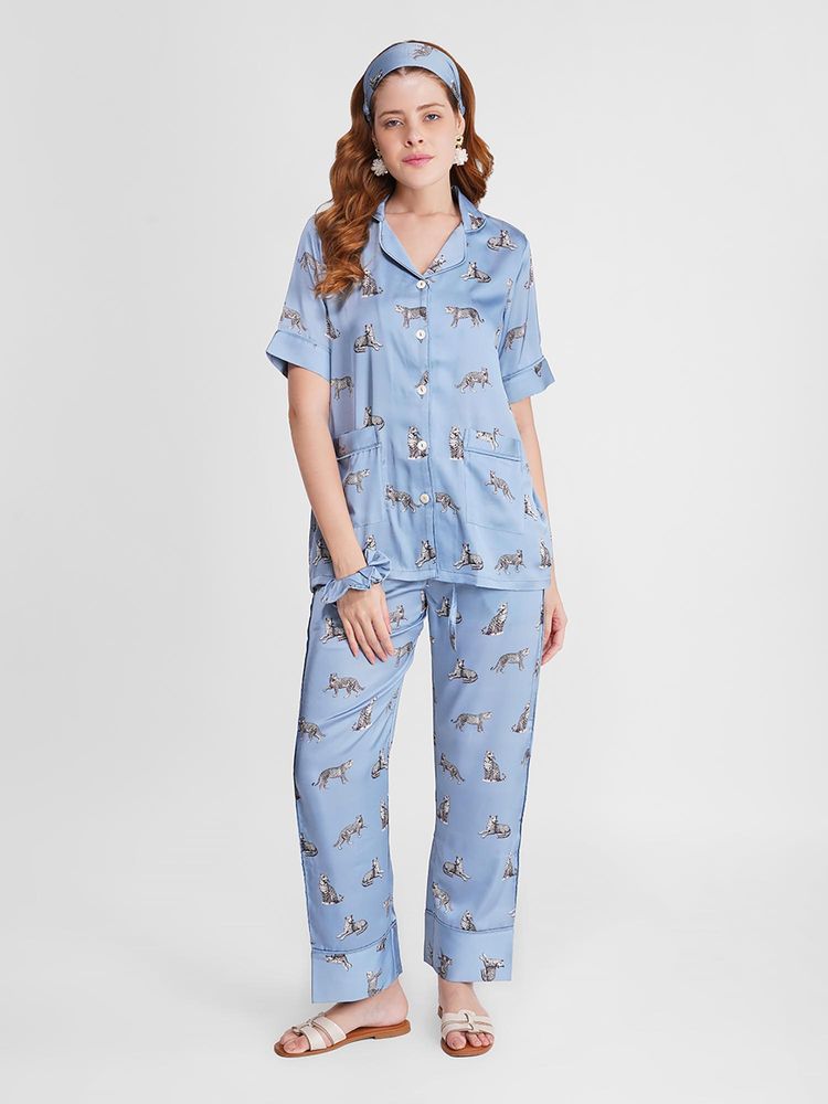 Noite Luxe Satin Sleepwear Night Suit – Printed Shirt & Pyjama Set-image-1