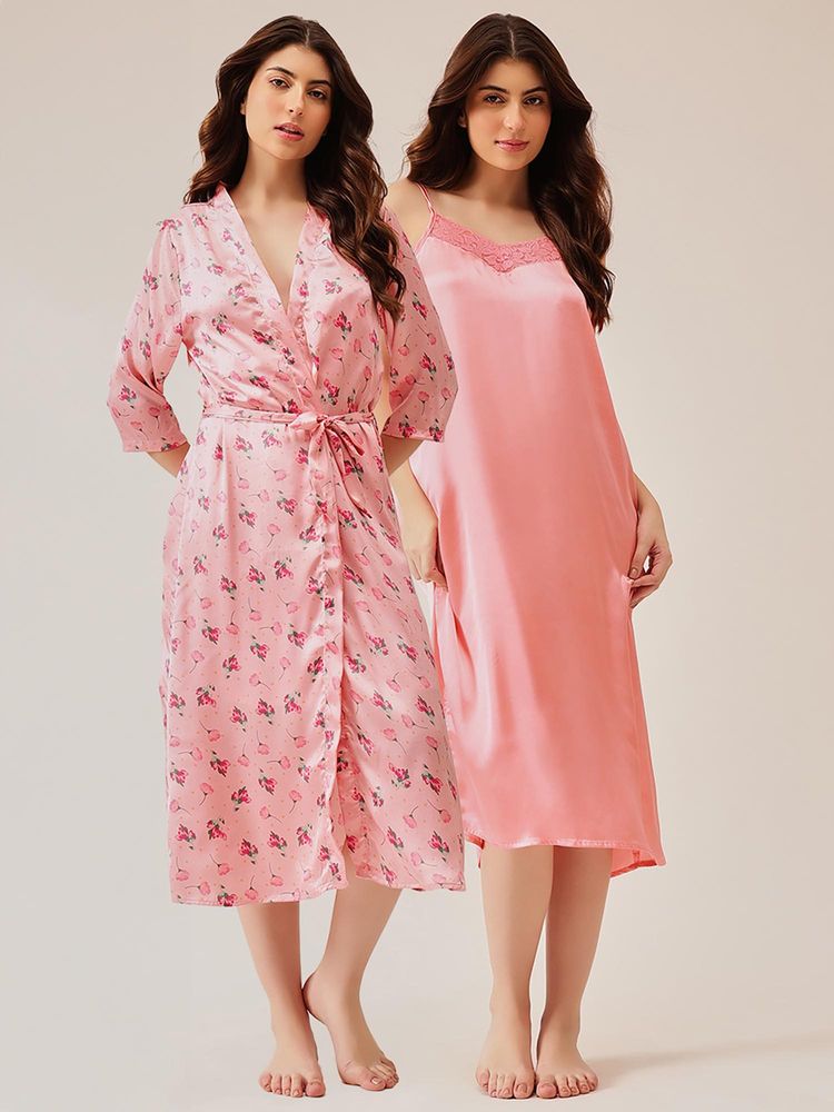 Clovia Floral Print Long Nighty And Robe With Belt Light Pink - Satin-picture-10