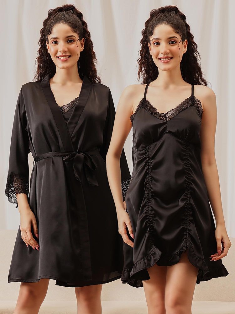 Clovia Chic Padded Short Nighty And Robe With Belt Black - Satin-picture-10