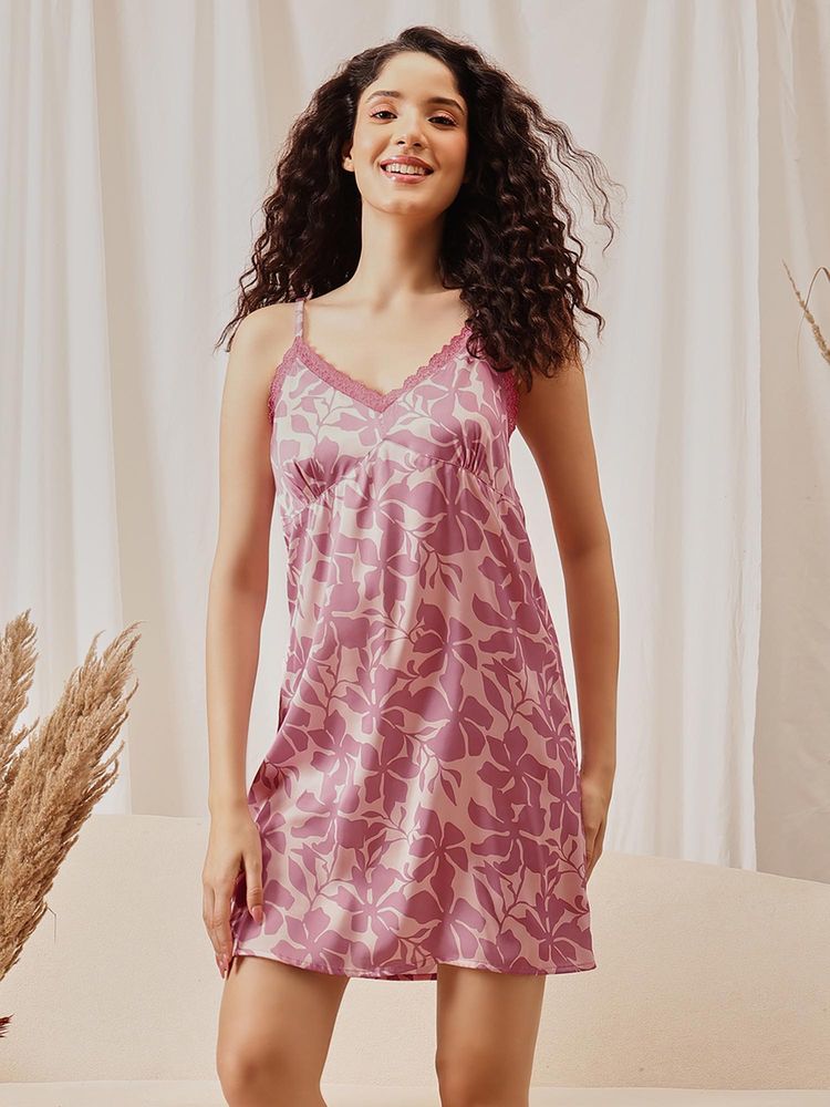 Clovia Chic Floral Print Short Nighty In Light Pink - Satin-picture-10