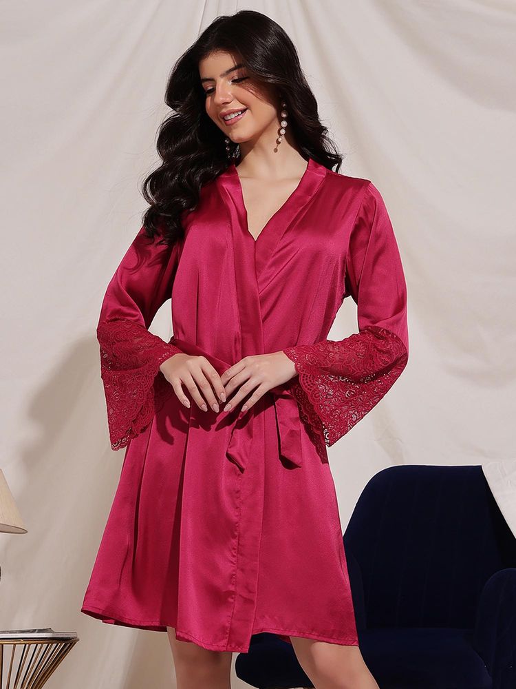 Clovia Chic Basic Robe In Hot Pink - Satin And Lace With Belt-picture-15