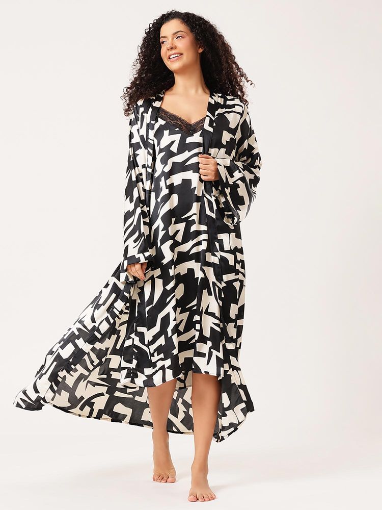 Clovia Chic Printed Long Nighty And Robe With Belt In Black - Satin-picture-12