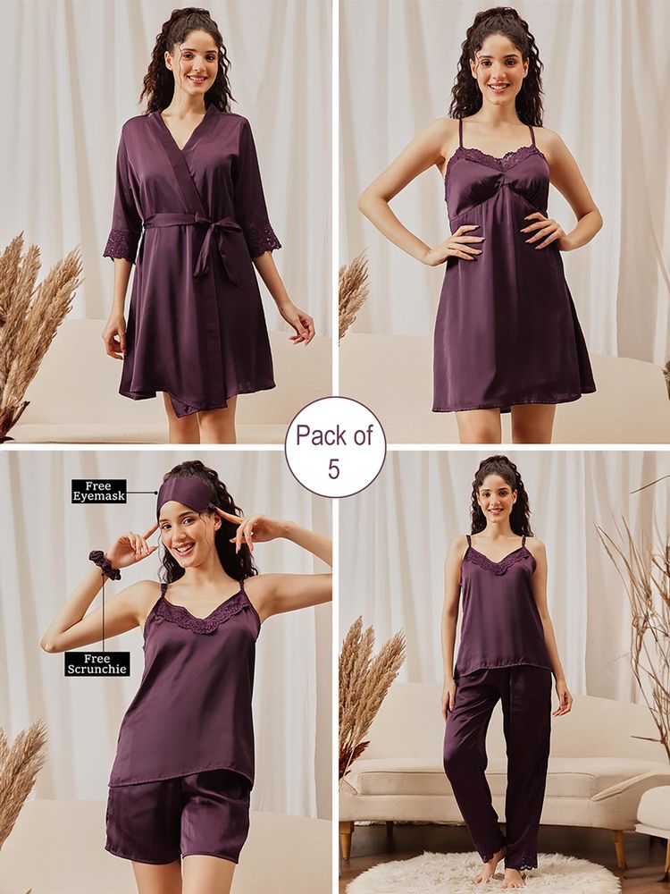 Clovia 7 Pcs Bridal Nightsuit Wine - Satin-picture-21