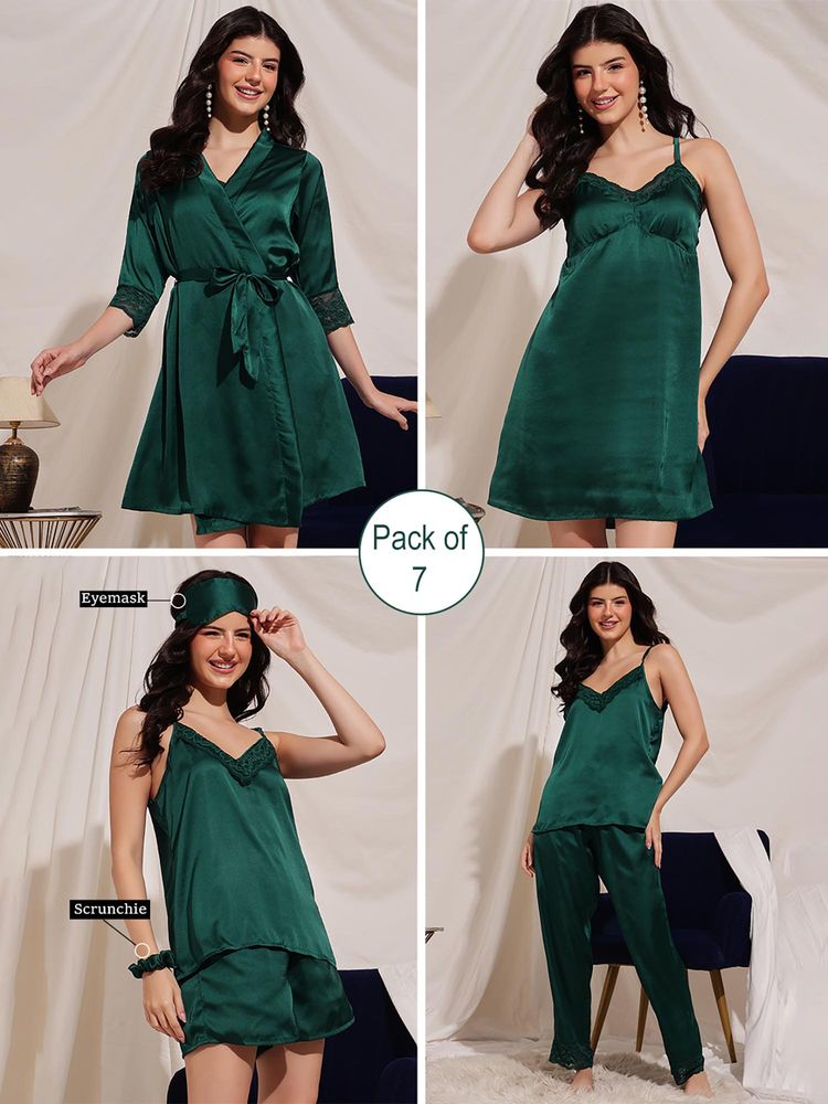 Clovia 7 Pcs Bridal Nightsuit Bottle Green - Satin-picture-25