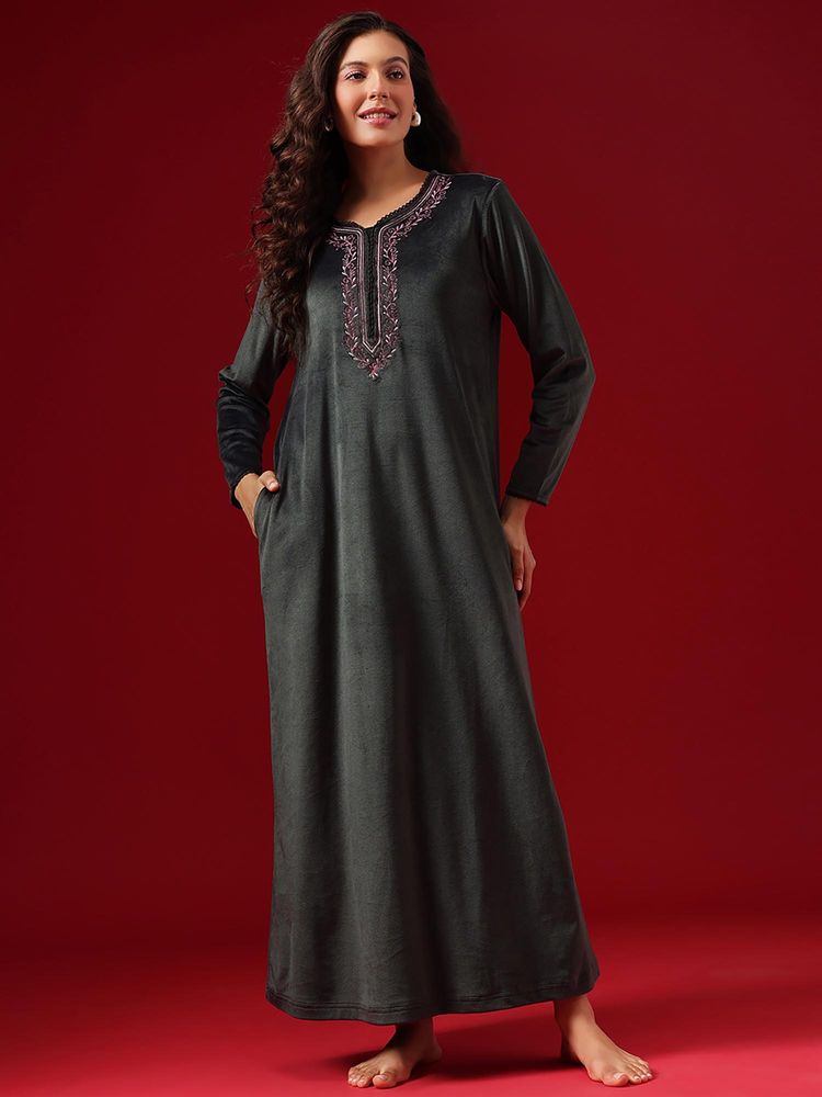 Clovia Chic Long Nighty In Dark Grey - Velour-picture-16