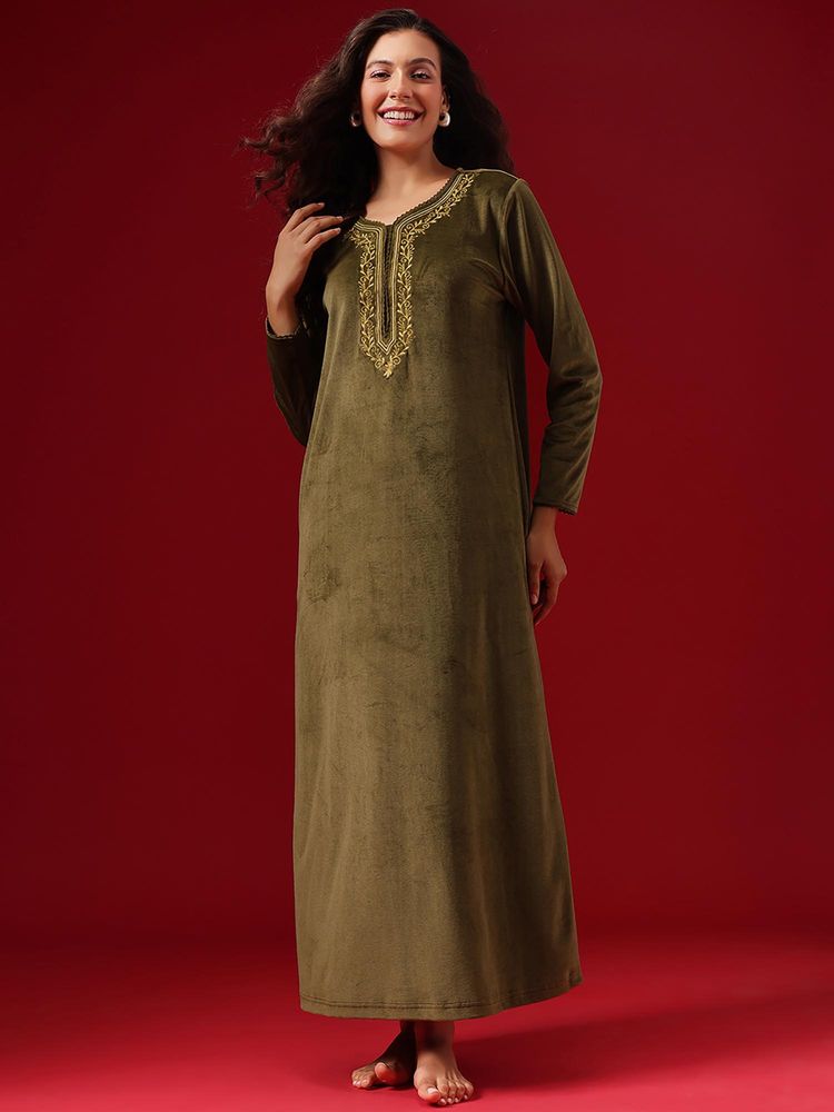 Clovia Chic Long Nighty In Olive Green - Velour-picture-26