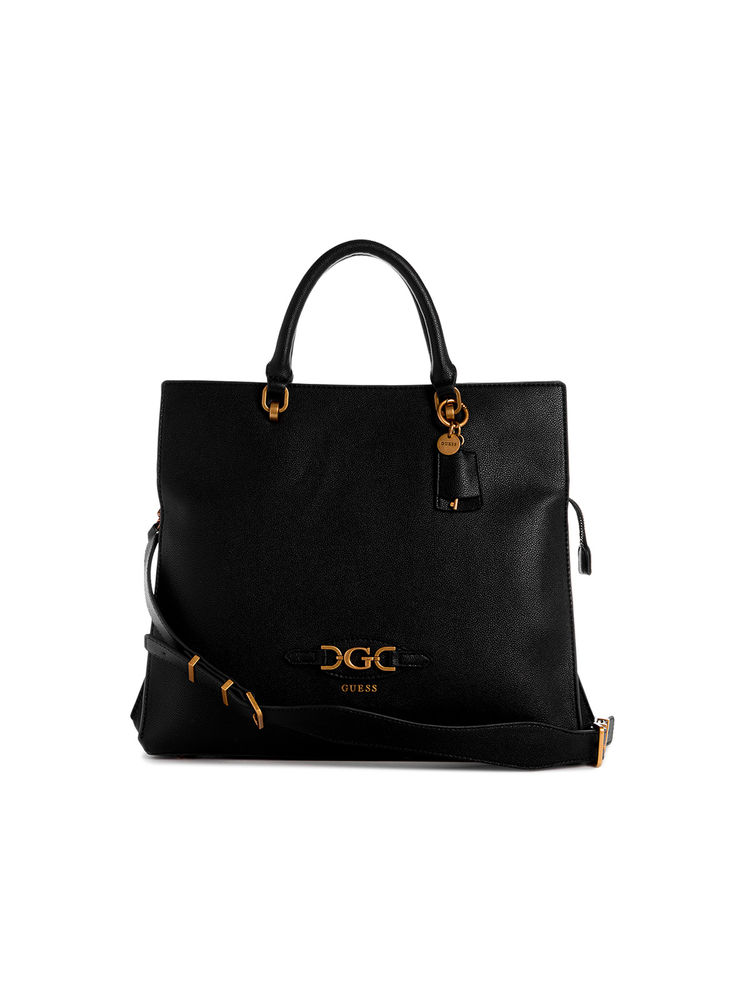 Guess Black Solid Malva Large Girlfriend Satchel Bag with Detachable Strap