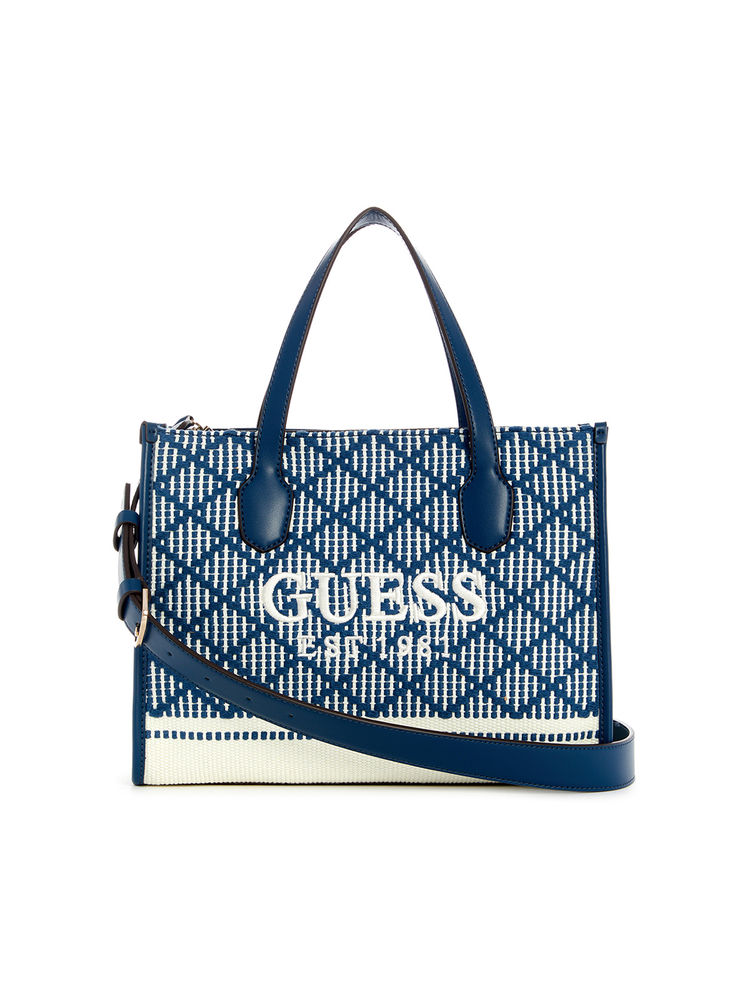 guess fashion Guess Navy Blue Woven Silvana 2 Comp Tote Bag with Detachable Strap-picture-27