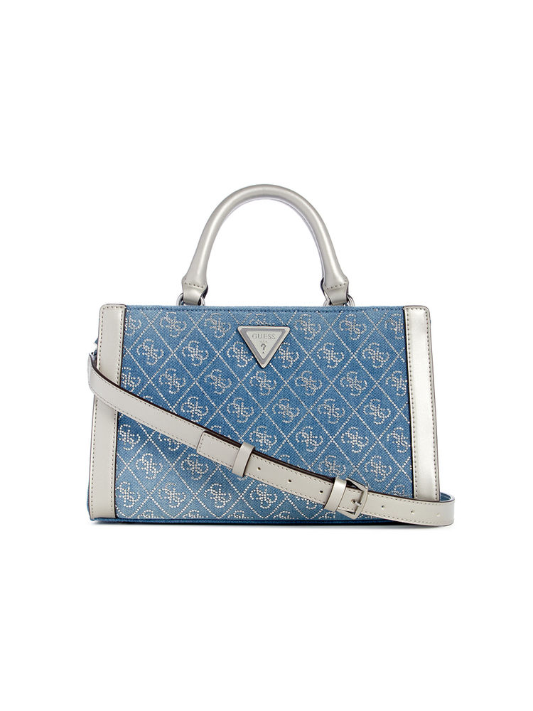 Guess Blue Monogram Dili Small Satchel Bag with Detachable Strap-image-21