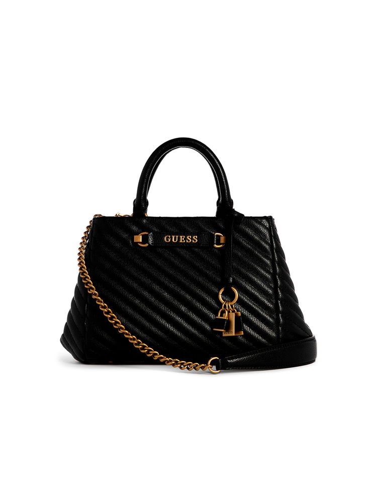 Guess Black Quilted Sela Small Girlfriend Satchel Bag with Detachable Strap-image-12