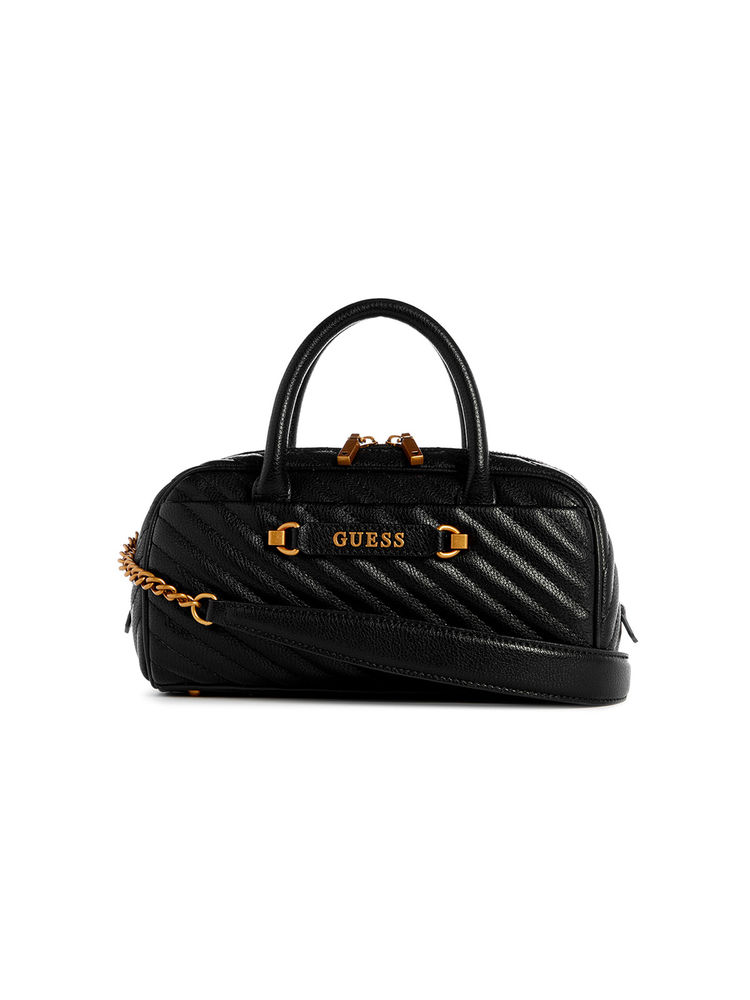 guess fashion Guess Black Quilted Sela Box Satchel Bag with Detachable Strap-picture-13