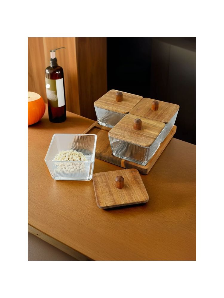 The Better Home Serving Wooden Tray with 4 Jars, 220ml (Set of 5)-image-28