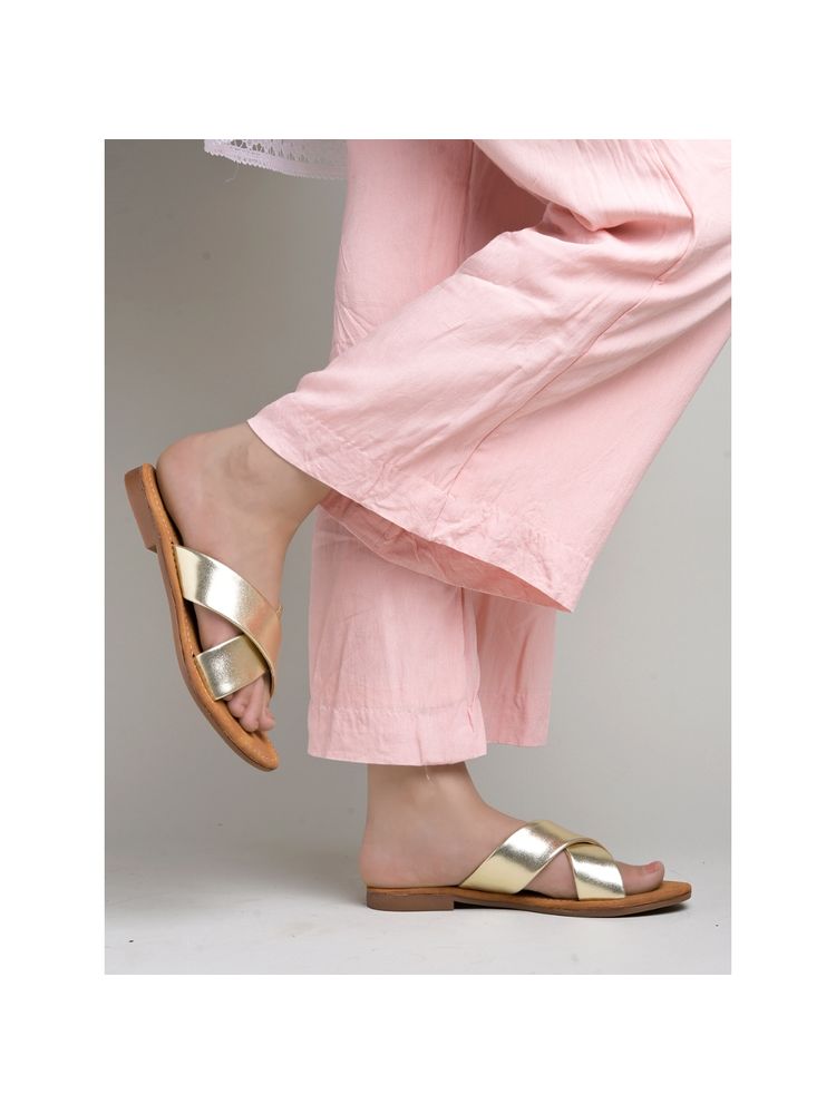 Shoetopia Embellished Cross Strap Golden Flats for Women